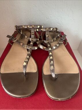 Valentino Metallic Bronze T-Strap Studded Sandals